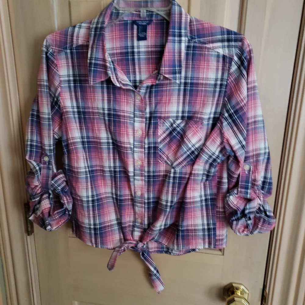 Misses Plaid shirt pink blue Forever 21 misses sz L Y2K Cropped Tie - Picture 5 of 5